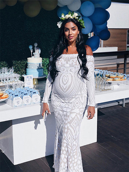 Blanco Encaje Lentejuelas Hombros Descubiertos Sirena Vestido De Novia Baby Shower Elegante Formal Vestidos De Foto De Maternidad