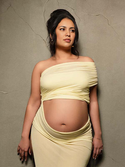 Vestido Maxi de Maternidad con Abertura Lateral Gasa Transparente para Sesión de Fotos