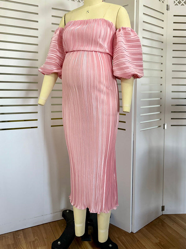 Rosa Hombros Descubiertos Escote Palabra De Honor Acanalado  Plisado Manga Globo Vestidos Para Baby Shower