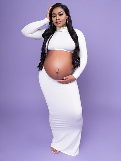 Vestido Maxi De Maternidad Con Cuello Alto Y Volantes, 2 En 1 Para Sesión De Fotos