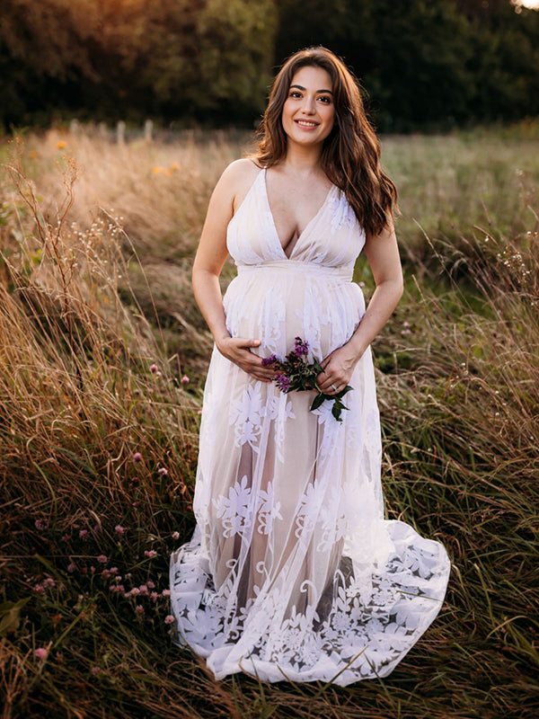 Blanco Encaje Bohemio Fotografía Vestidos de invitada Maternidad Vestido Largo