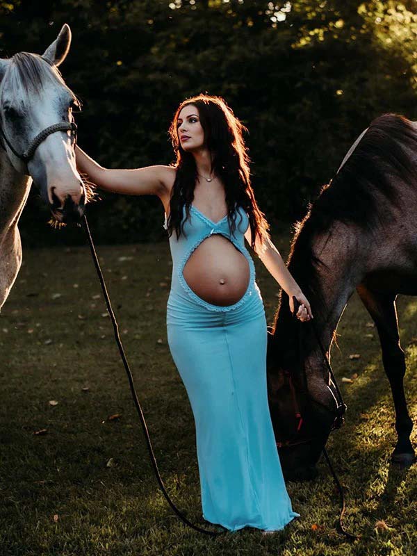 Vestido Maxi De Maternidad Ajustado Con Tirantes Finos, Volantes Y Lazo Falbala De Tul