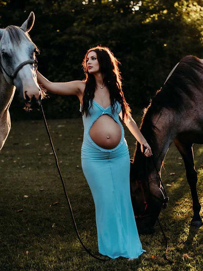 Vestido Maxi De Maternidad Ajustado Con Tirantes Finos, Volantes Y Lazo Falbala De Tul