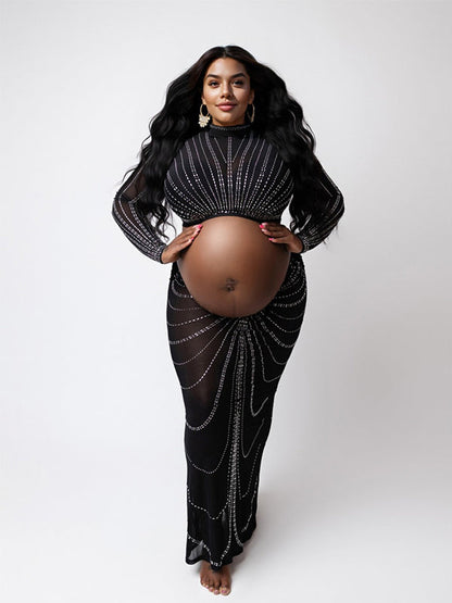 Vestido Maxi Maternidad 2 en 1 de Crop de Malla con Rhinestones para Fotoshoot
