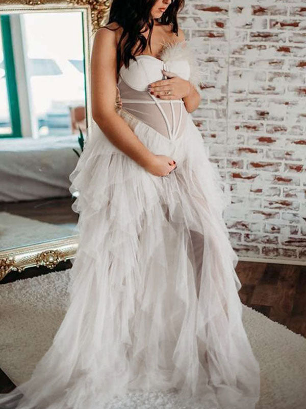 Escote palabra de honor Hombros descubiertos Pluma Tul Elegante Vestido Largo De Foto De Maternidad