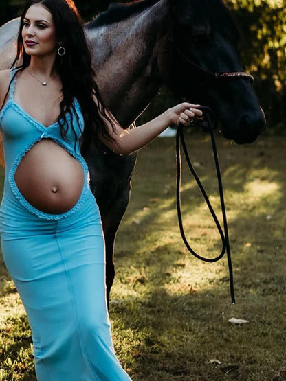 Vestido Maxi De Maternidad Ajustado Con Tirantes Finos, Volantes Y Lazo Falbala De Tul
