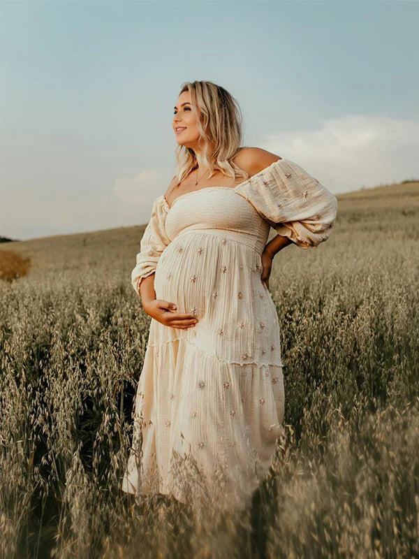 Albaricoque Estampado De Margaritas Fruncido Hombros Descubiertos Volantes Falda Amplia Elegante Vestidos De Foto De Maternidad