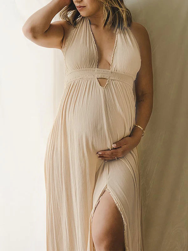 Albaricoque Calado Cuello En V Abertura Espalda Descubierta Borla Escote Halter Vestidos Largo De Foto De Maternidad