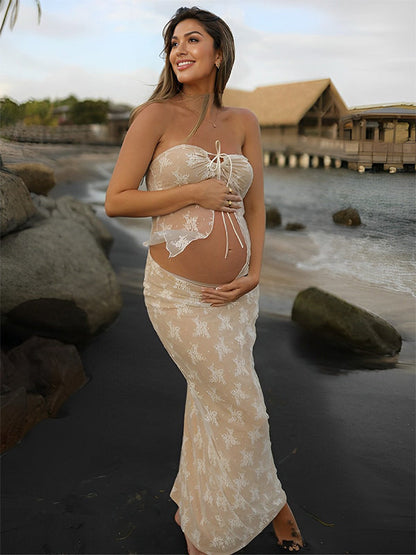 Encaje Conjunto De Dos Piezas Escote Palabra De Honor Lazada Volantes Elegante Vacaciones Vestidos De Foto De Maternidad