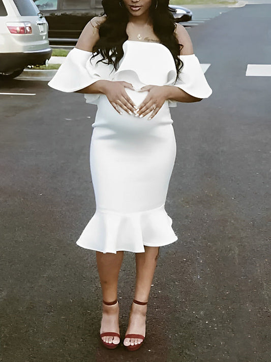 Vestido Maxi de Maternidad Elegante con Volantes y Hombros Descubiertos, Tipo Sirena para Baby Shower