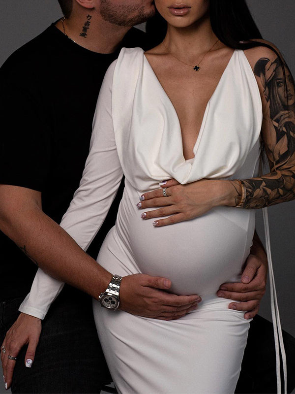 Una Manga Espalda Descubierta Corbata Cuello en V Ajustado Fotografía Maternidad Vestido Largo