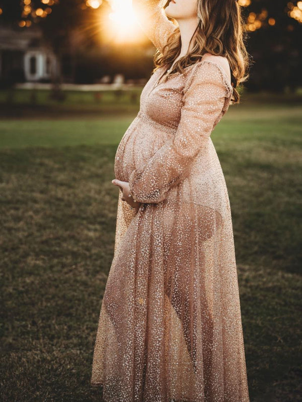 Vestido Largo De Foto De Maternidad Boho con Cuello En V Plisado