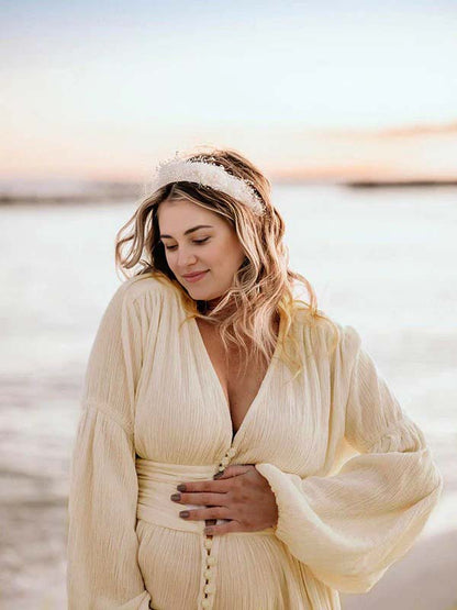 Vestido Maxi Maternidad Boho Elegante Botones Simples Abierto Para Fotos
