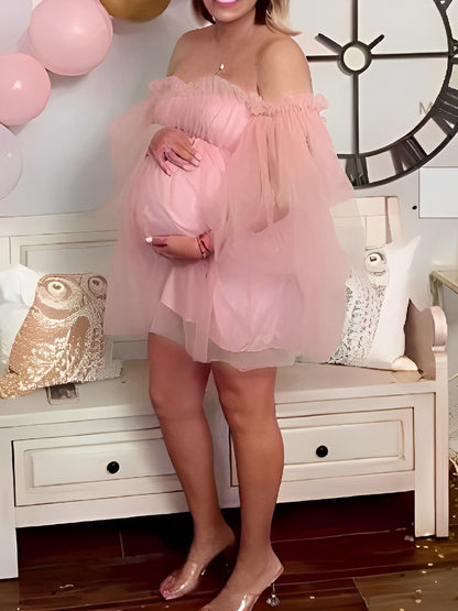 Vestido Mini de Maternidad en Talla Grande con Hombros Descubiertos, Volantes y Tul Tutu para Baby Shower