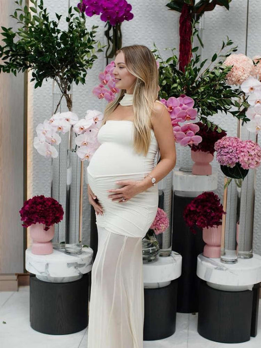 Vestido Largo De Maternidad Con Escote Palabra Y Hombros Descubiertos Para Sesión De Fotos
