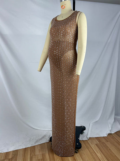 Vestido Maxi Maternidad con Abertura Lateral y Malla Transparente para Baby Shower