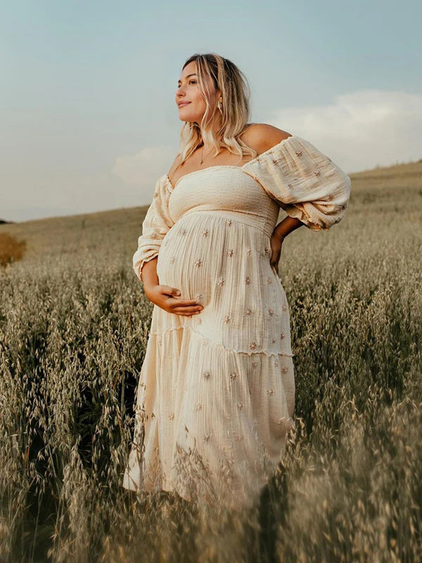 Albaricoque Estampado De Margaritas Fruncido Hombros Descubiertos Volantes Falda Amplia Elegante Vestidos De Foto De Maternidad