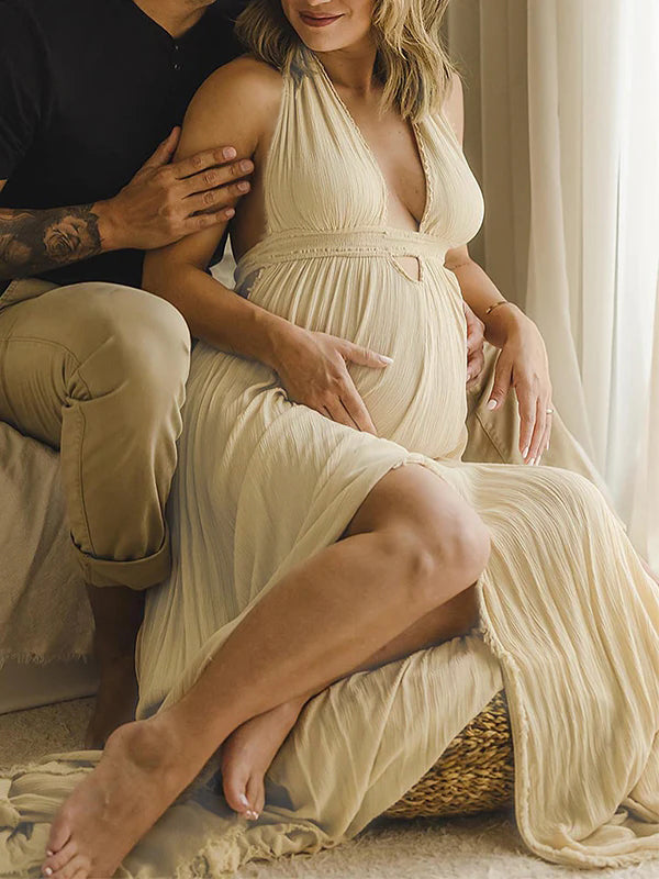 Albaricoque Calado Cuello En V Abertura Espalda Descubierta Borla Escote Halter Vestidos Largo De Foto De Maternidad