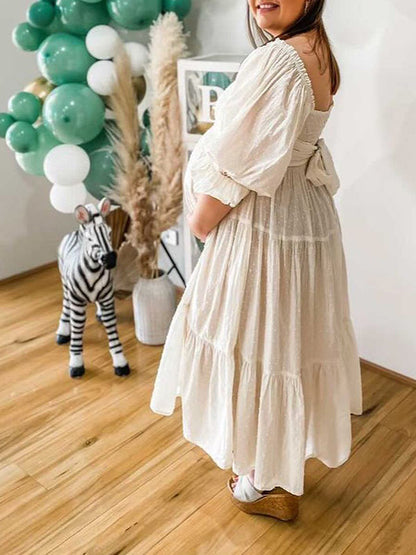 Blanco Sin Hombros Volantes Manga Globo Lazo BohemioI Maternidad Vestido Largo