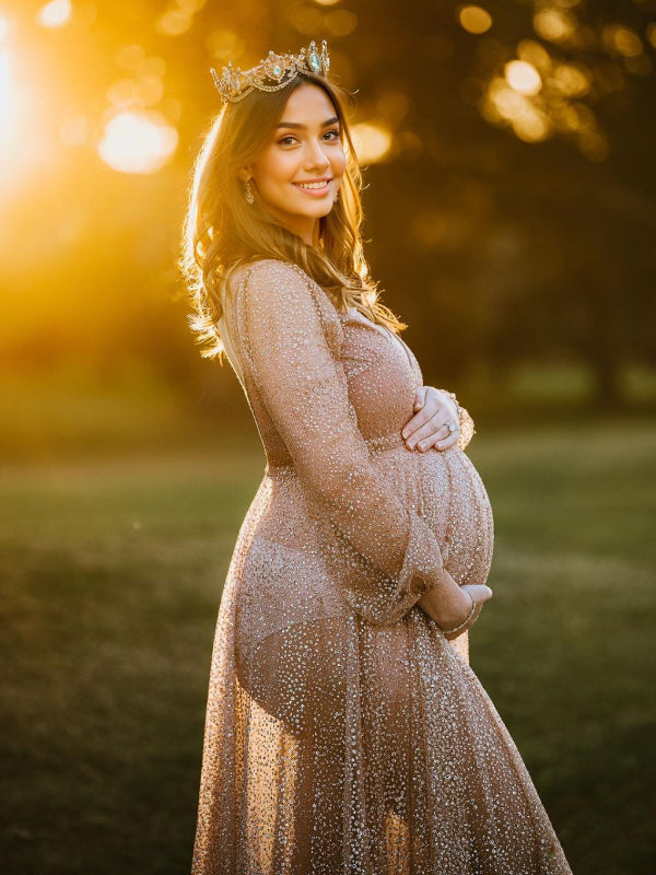Vestido Largo De Foto De Maternidad Boho con Cuello En V Plisado