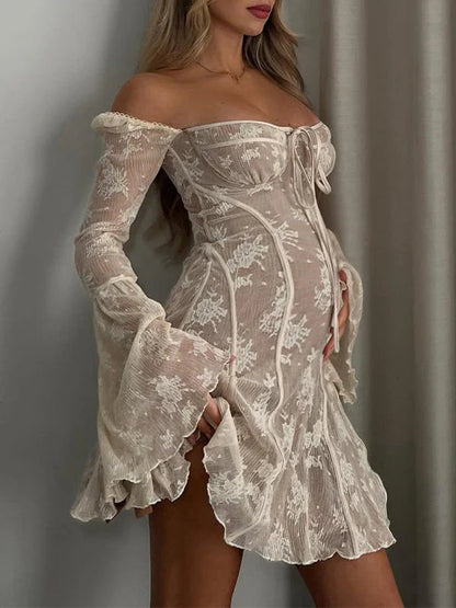 Blanco Encaje Sin Hombros Lazo Con Cordón Volante Manga Acampanada Elegante Baby Shower Minivestido Premamá