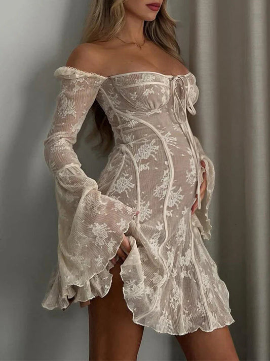 Blanco Encaje Sin Hombros Lazo Con Cordón Volante Manga Acampanada Elegante Baby Shower Minivestido Premamá