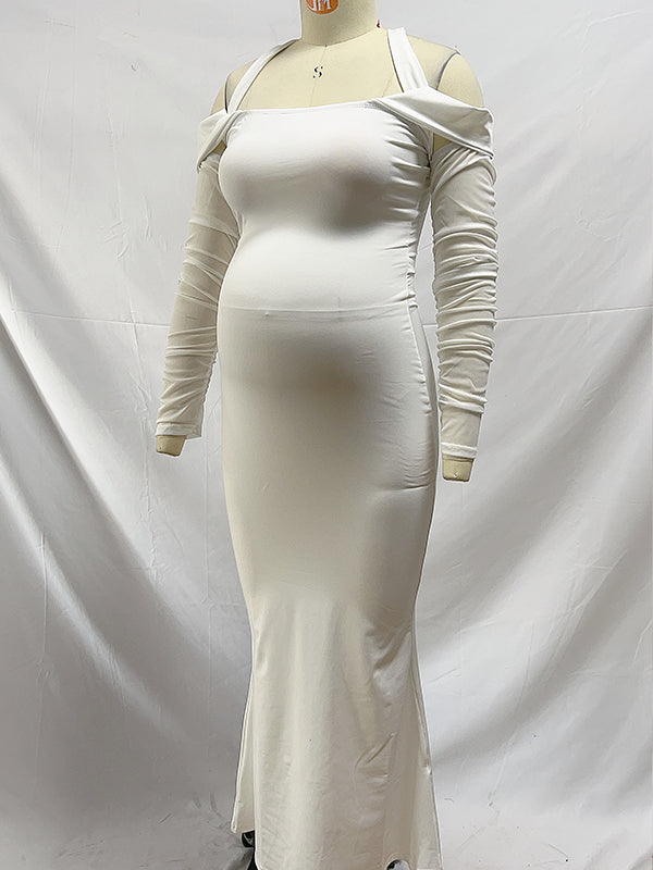 Blanco Sin Hombros Cuello Halter Bodycon Elegante Cóctel Maternidad Baby Shower Maxi Vestido