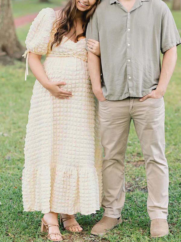 Vestido Maxi Maternidad Elegante con Fruncido y Manga Abullonada para Fiesta Fotos