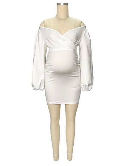 Blanco Hombros Descubiertos Espalda Descubierta Cuello En V Manga Farol Ajustado Elegante Vestidos Para Baby Shower