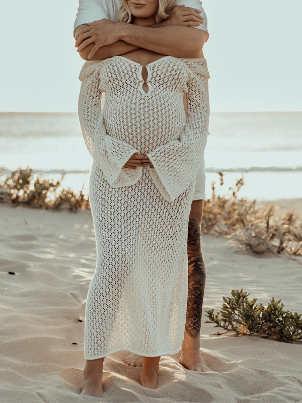 Blanco Calado Espalda Descubierta Manga Acampanad Camiseta De Playa Vestidos De Foto De Maternidad
