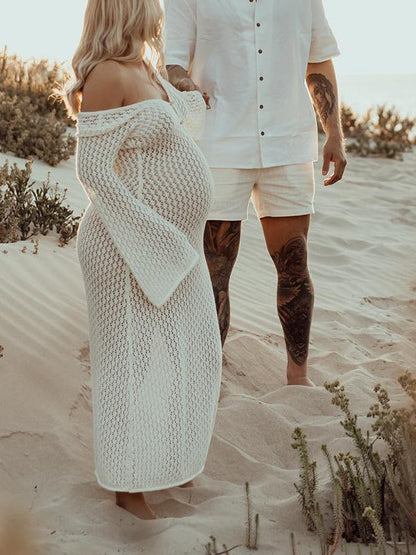 Blanco Calado Espalda Descubierta Manga Acampanad Camiseta De Playa Vestidos De Foto De Maternidad