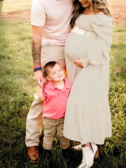 Volantes Cintura Alta Bohemio Fluido Manga Larga Talla Extra Vestido Largo De Foto De Maternidad