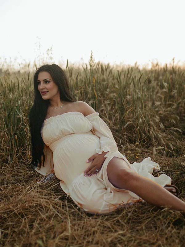 Fluido Sin Hombros Volantes Abertura Lateral Bohemio Elegante Fotografía Maternidad Vestido Largo