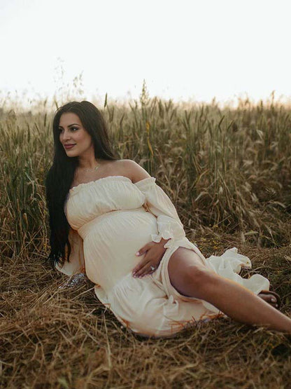Fluido Sin Hombros Volantes Abertura Lateral Bohemio Elegante Fotografía Maternidad Vestido Largo