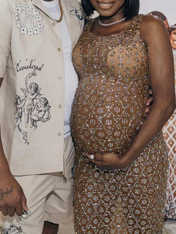 Vestido Maxi Maternidad con Abertura Lateral y Malla Transparente para Baby Shower