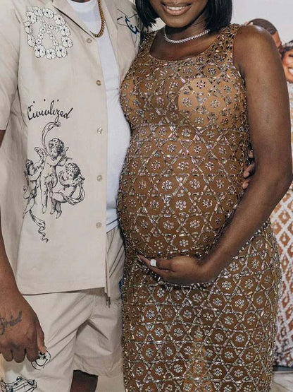 Vestido Maxi Maternidad con Abertura Lateral y Malla Transparente para Baby Shower