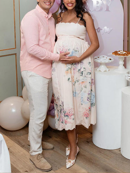 Tirantes Borde Ondulado Sin Espalda Recorte Imprimir Salir Batas Bonito Maxivestido De Maternidad Para Baby Shower