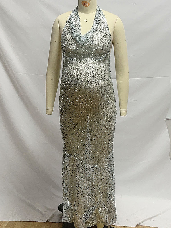 Vestido Maxi Maternidad de Lentejuelas y Espalda Descubierta para Fiesta y Baby Shower