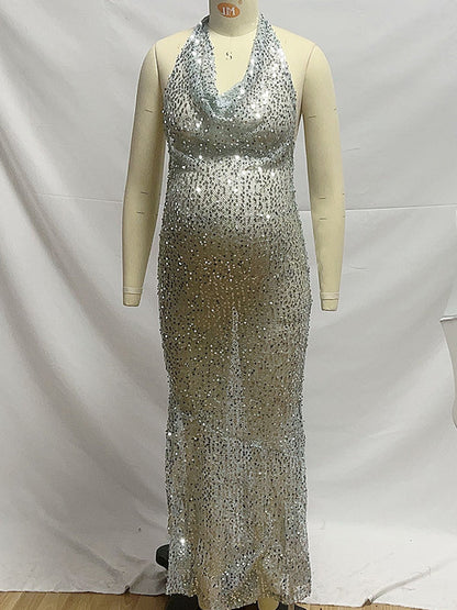 Vestido Maxi Maternidad de Lentejuelas y Espalda Descubierta para Fiesta y Baby Shower