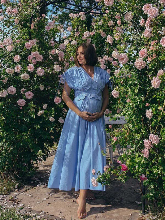 Vestido Maxi Maternidad Elegante Con Pliegues Para Vacaciones