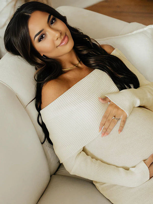 Sin Hombros Punto Bodycon Sirena Salir Baby Shower Maternidad Jersey Maxi Vestido