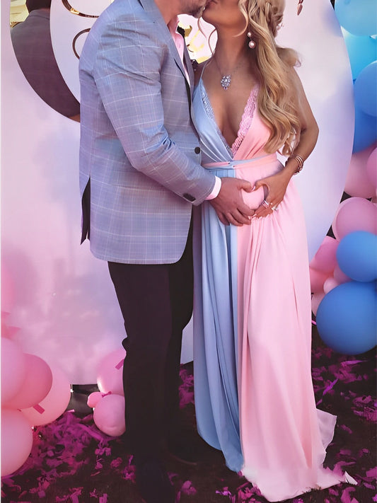 Rosa&Azul Encaje Sin Espalda Hendidura Lateral Género Revelar Bonito Maternidad Maxi Vestido