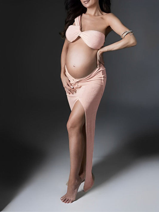 Vestido Maxi Maternidad 2 en 1 de Crop Irregular con Tajo Lateral para Fotoshoot