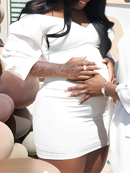 Blanco Hombros Descubiertos Espalda Descubierta Cuello En V Manga Farol Ajustado Elegante Vestidos Para Baby Shower