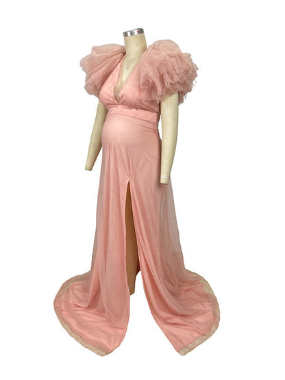Vestido Premamá para Sesión De Fotos Rosa Boho Elegant Volante