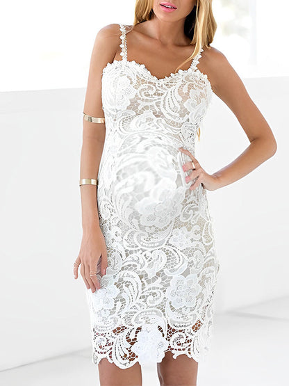 Blanco Encaje Tirantes Ajustados Vestido De Novia Para Baby Shower Maternidad Vestido Midi
