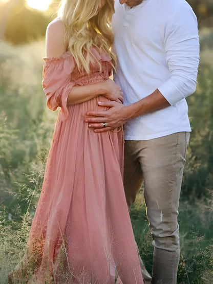 Rosa Bohemio Fluido Amigable Con El Bache Hombros Descubiertos Vestidos De Foto De Maternidad