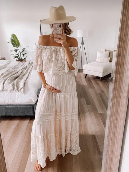 Blanco Hombros Descubiertos Encaje Cuello De Barco Fluido Elegante Vestido De Fotos De Maternidad