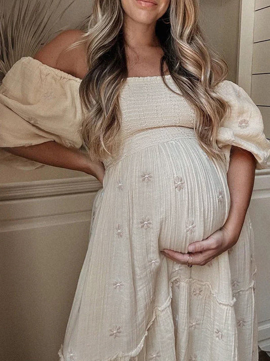 Albaricoque Estampado De Margaritas Fruncido Hombros Descubiertos Volantes Falda Amplia Elegante Vestidos De Foto De Maternidad