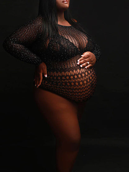 Mono Corto Body De Maternidad con Pedrería Punto Sheer Recorte para Sesión De Fotos